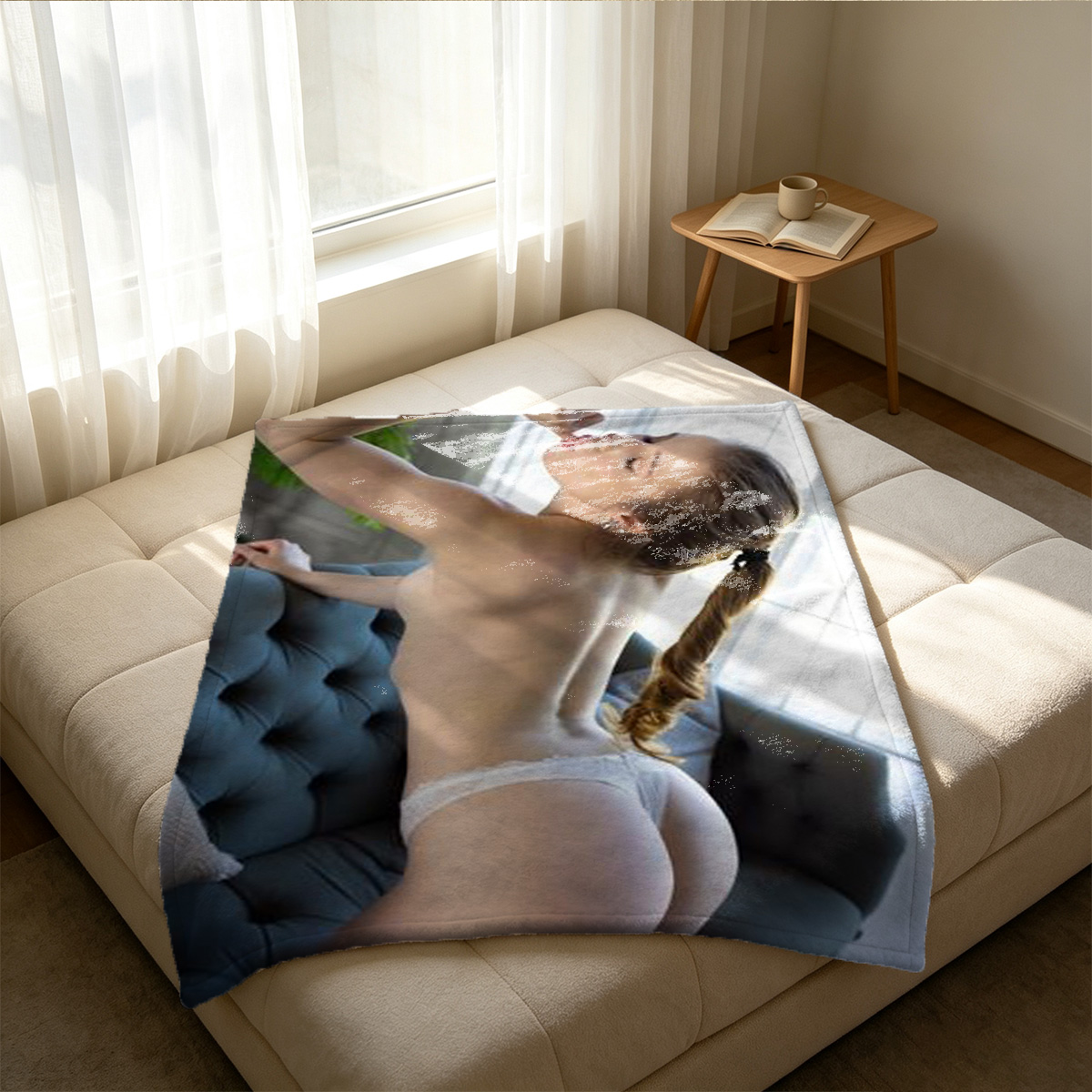A seductive young Asian woman in white lace lingerie and thigh-high stockings kneeling on a luxury bed. - Blanket