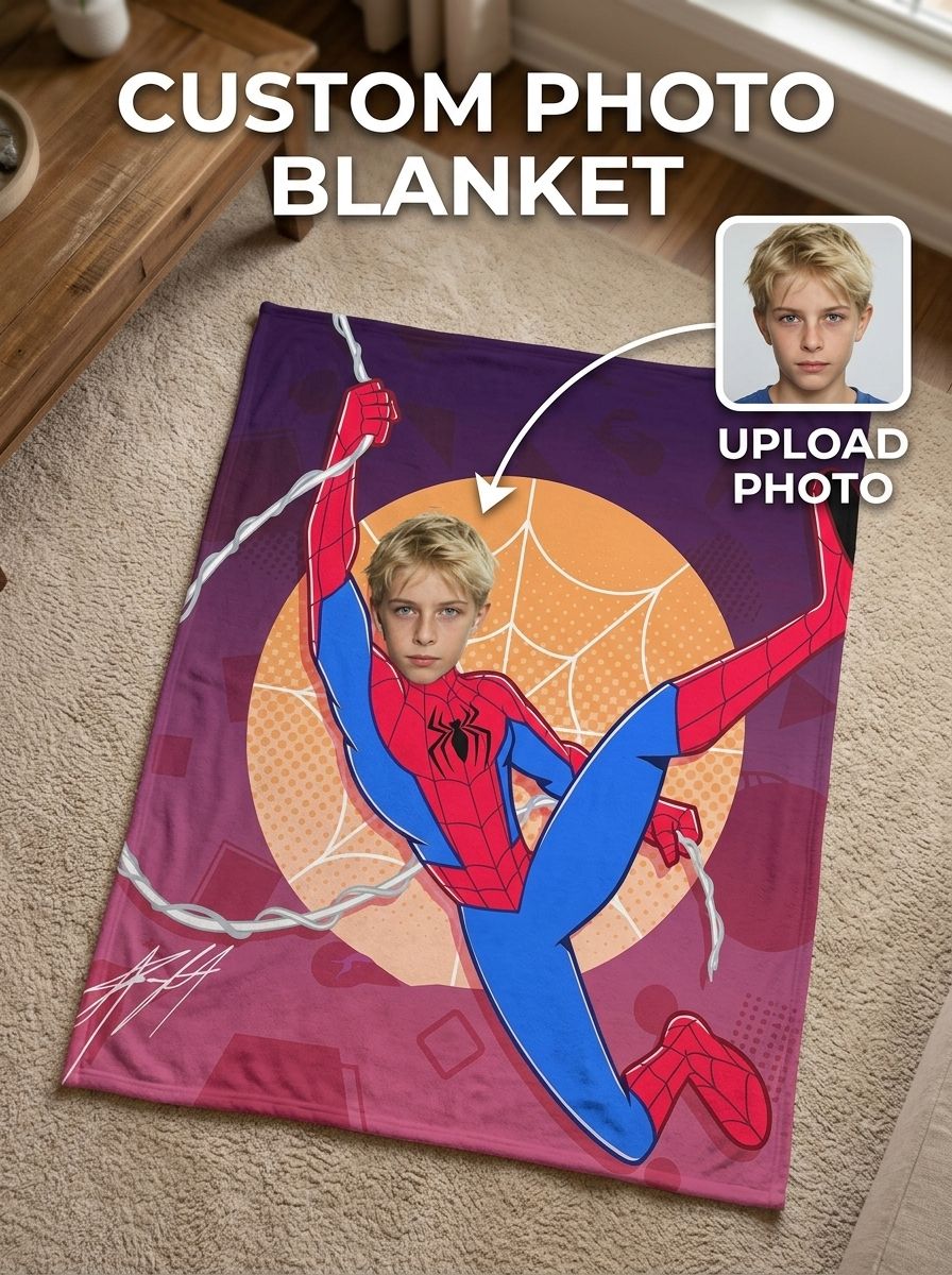 Custom Face Superhero Fleece Blanket Personalized Photo Throw Ultra Soft Anti Pilling Flannel Keepsake Gift for Kids