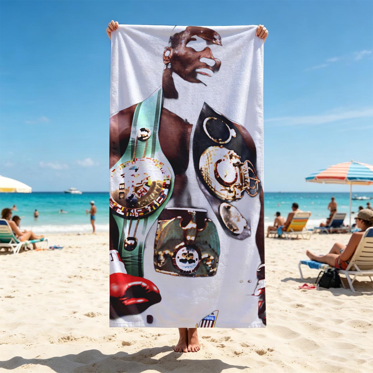 Mike Tyson in Boxing Glory with Championship Belts - Beach towels