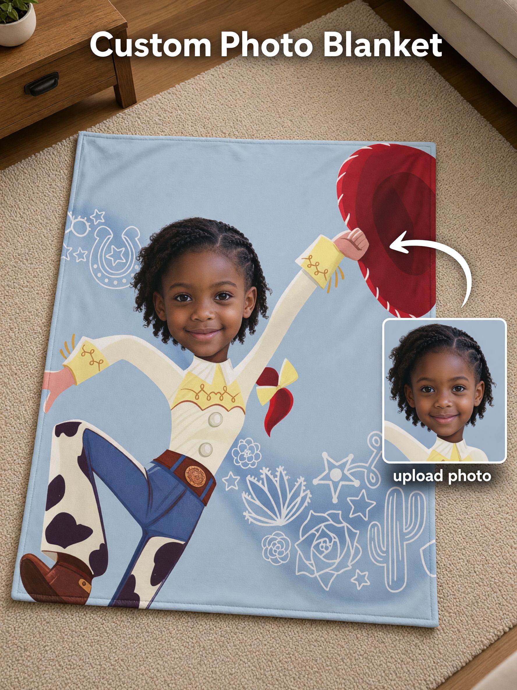 Custom Face Blanket Personalized Cowgirl Photo Flannel Fleece Throw, Ultra Soft Skin-Friendly Cozy Bed and Sofa Gift