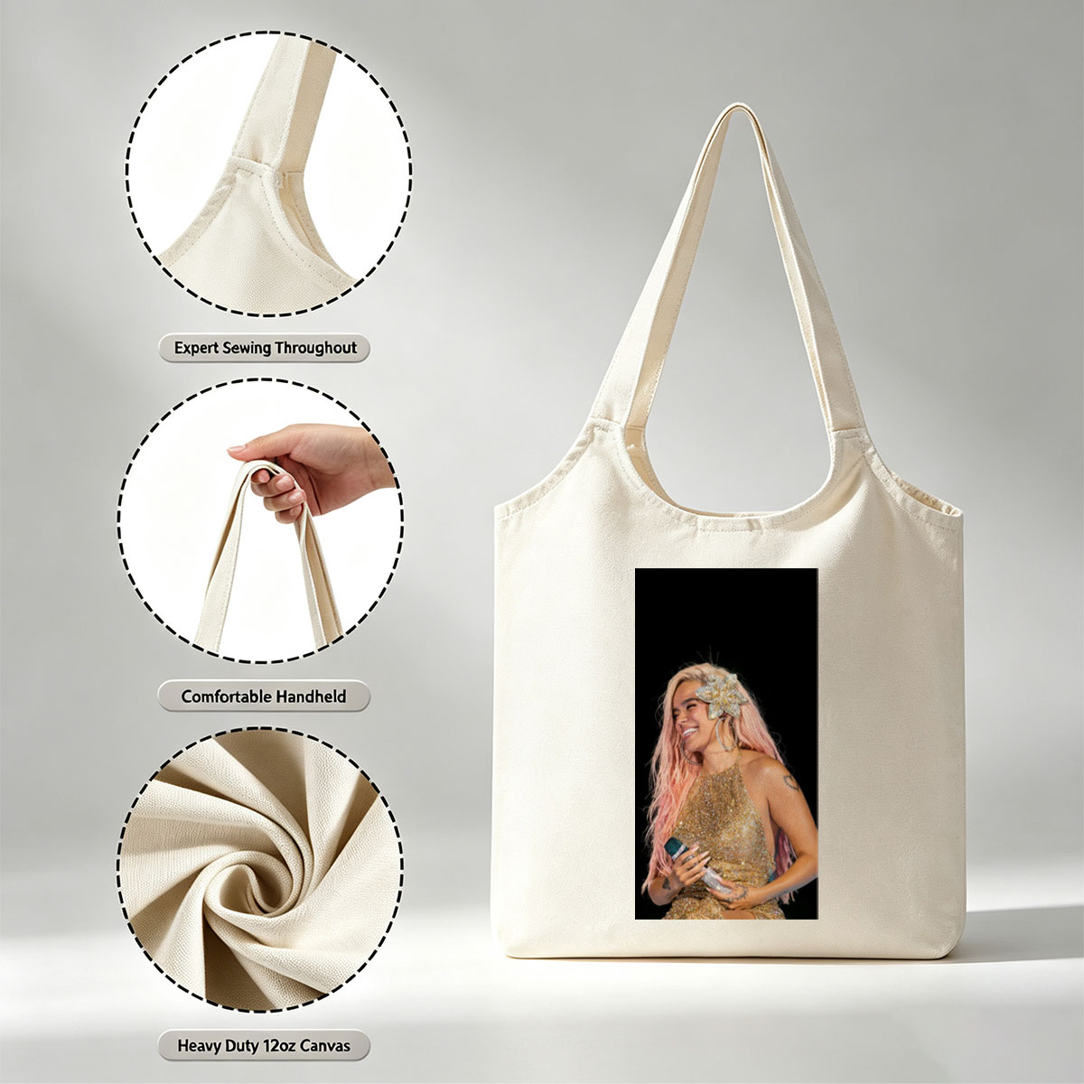 Demi Lovato on Stage in a Sparkling Gold Dress with Pink Hair and Flower Accessory - Canvas shoulder bags/