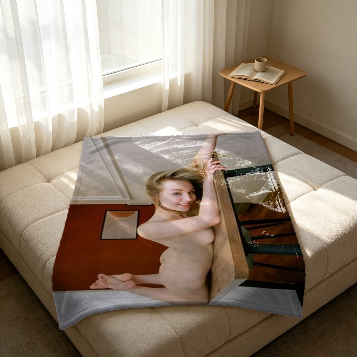 Miu Shida in black polka dot lingerie by the window - Blanket
