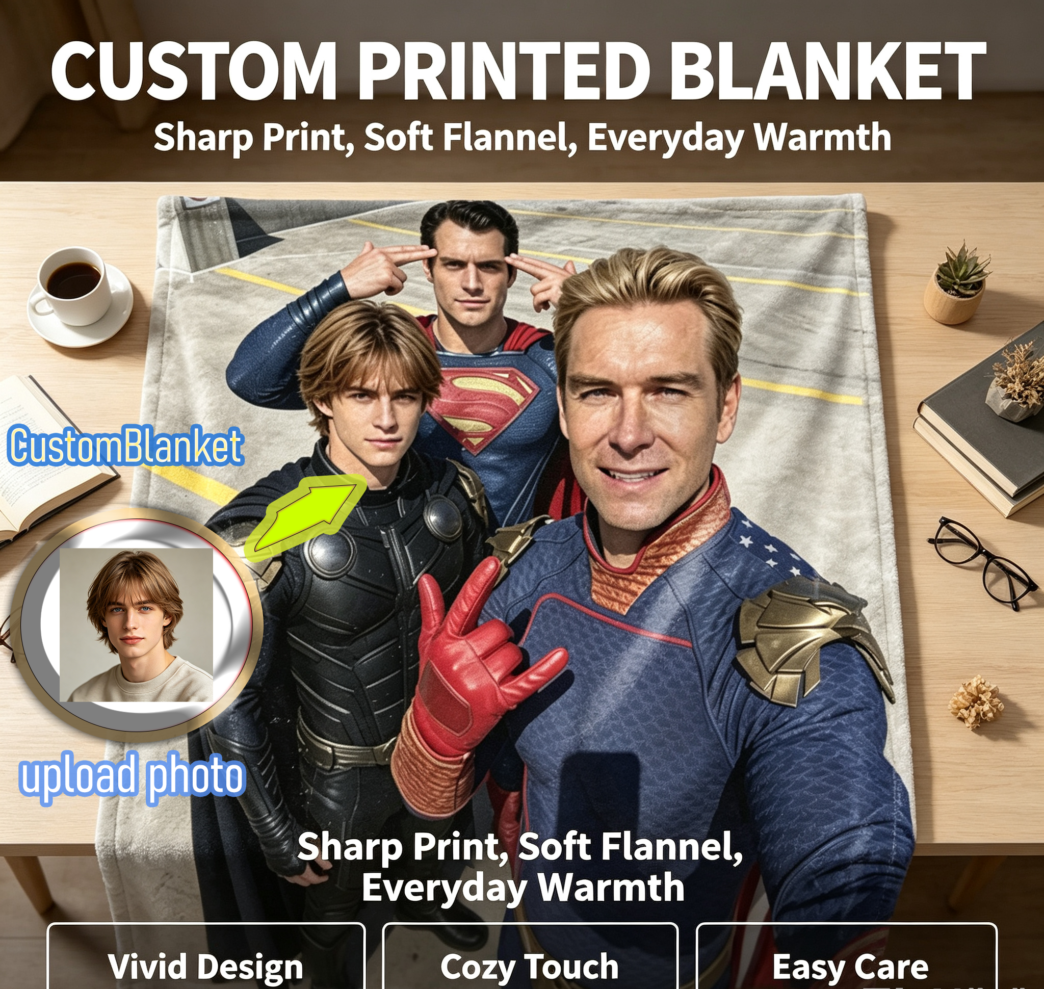 Custom Face Blanket Superman and Superheroes Flannel Blanket Cozy Living Room Bedding Gift for Fans and Collectors