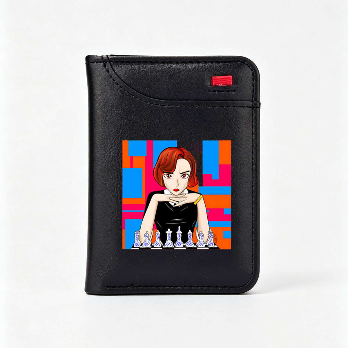 Woman in Black Dress Playing Chess with Blue and Pink Background - Vertical Style Wallet