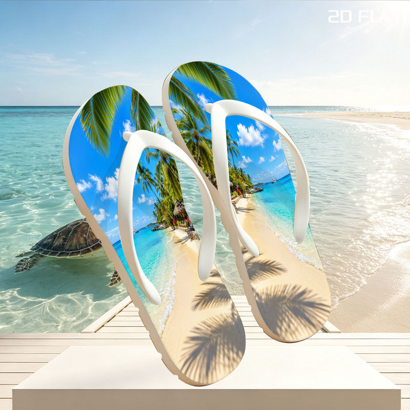 Tropical Beach with Palm Trees and Crystal Clear Water -  flip-flops