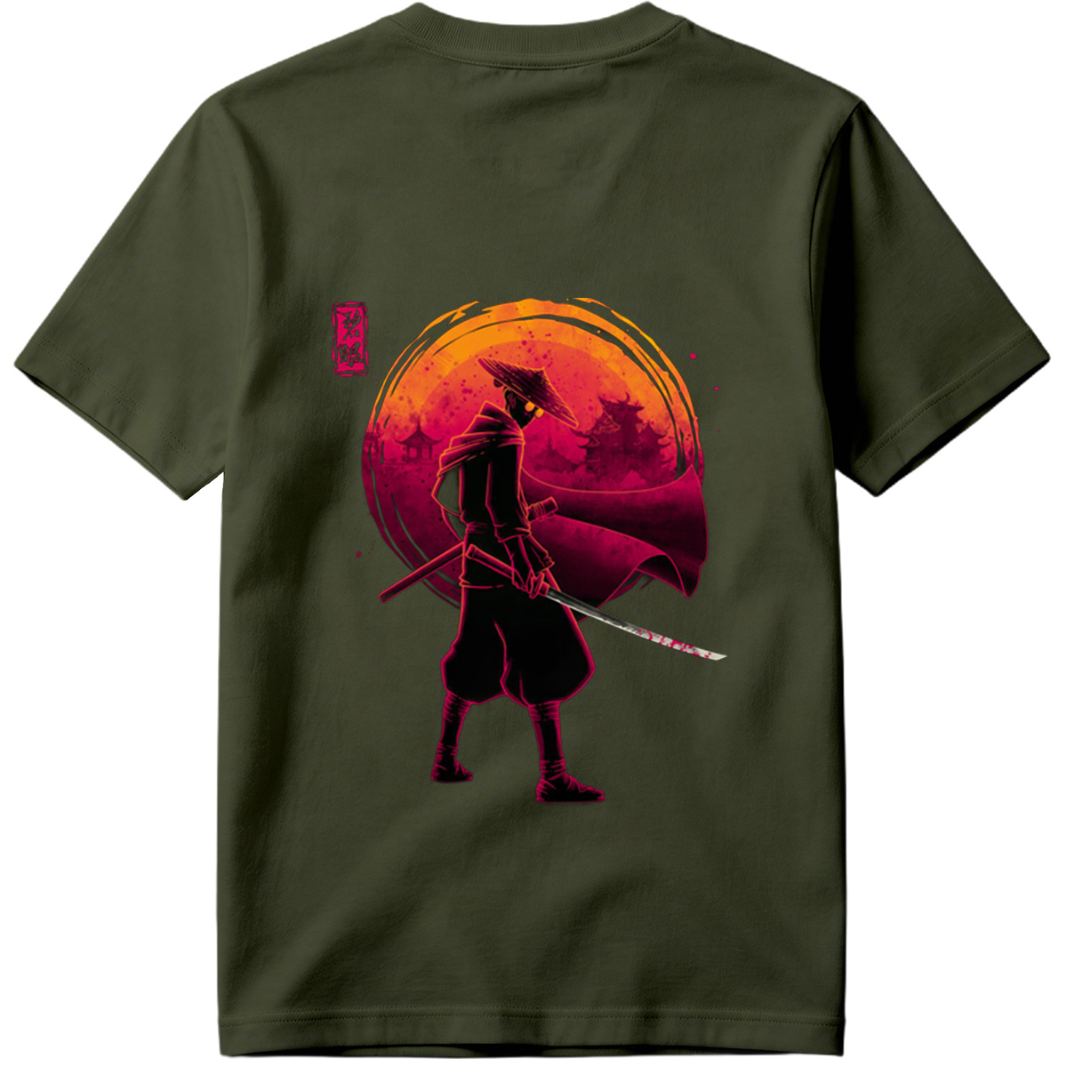 Samurai Warrior with Bloodied Sword Against Crimson Moon - Tee