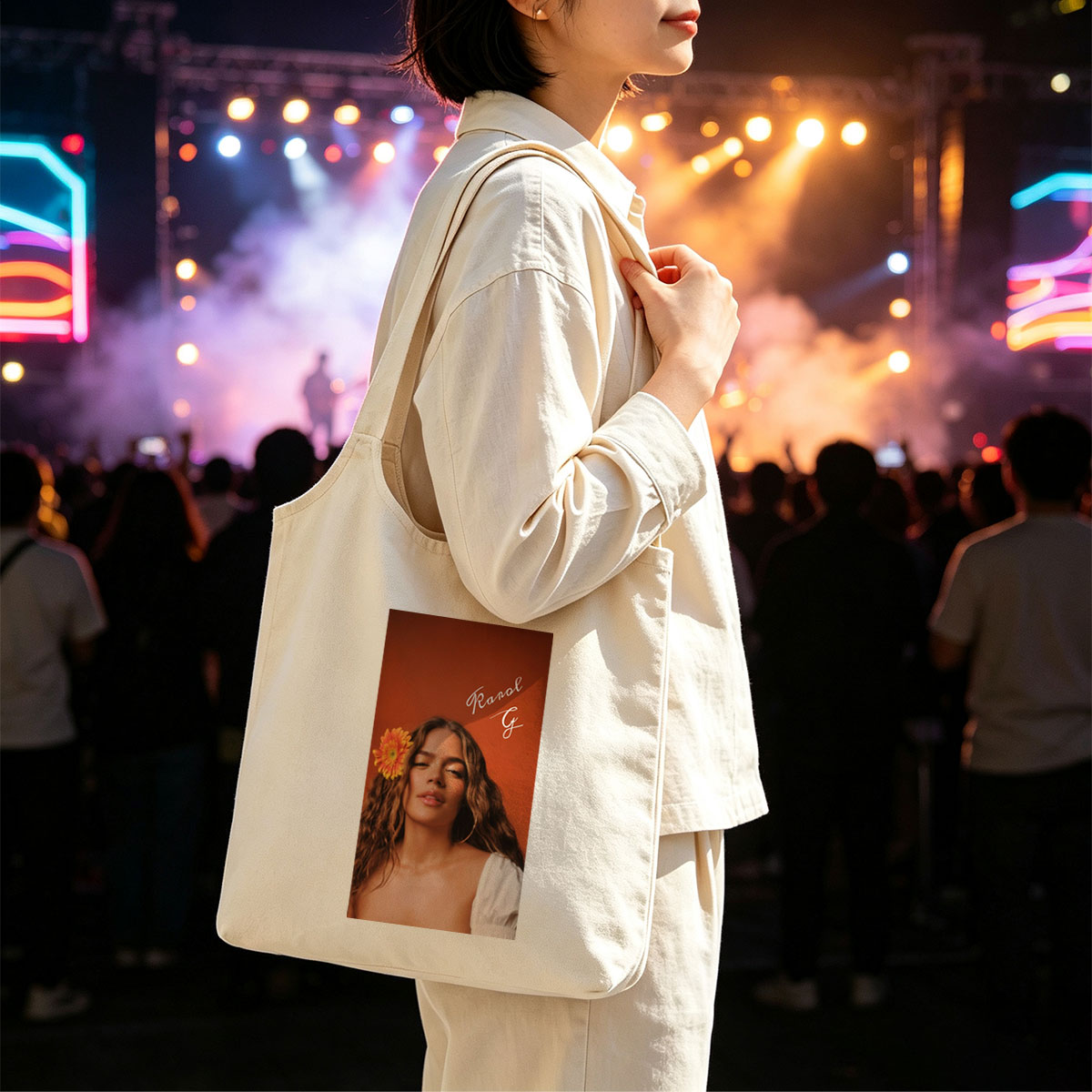 Ranal G with a vibrant orange flower in her hair against a warm terracotta background - Canvas shoulder bags/