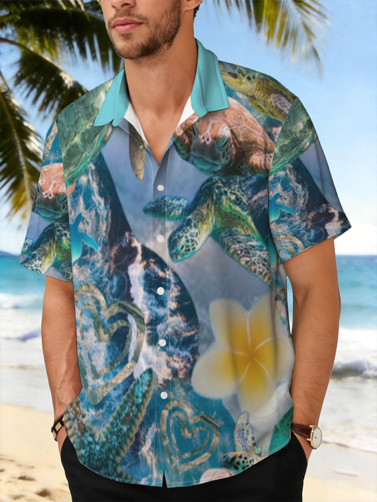 Turtles, stars, and flowers in a heart-filled ocean scene -  Shirt