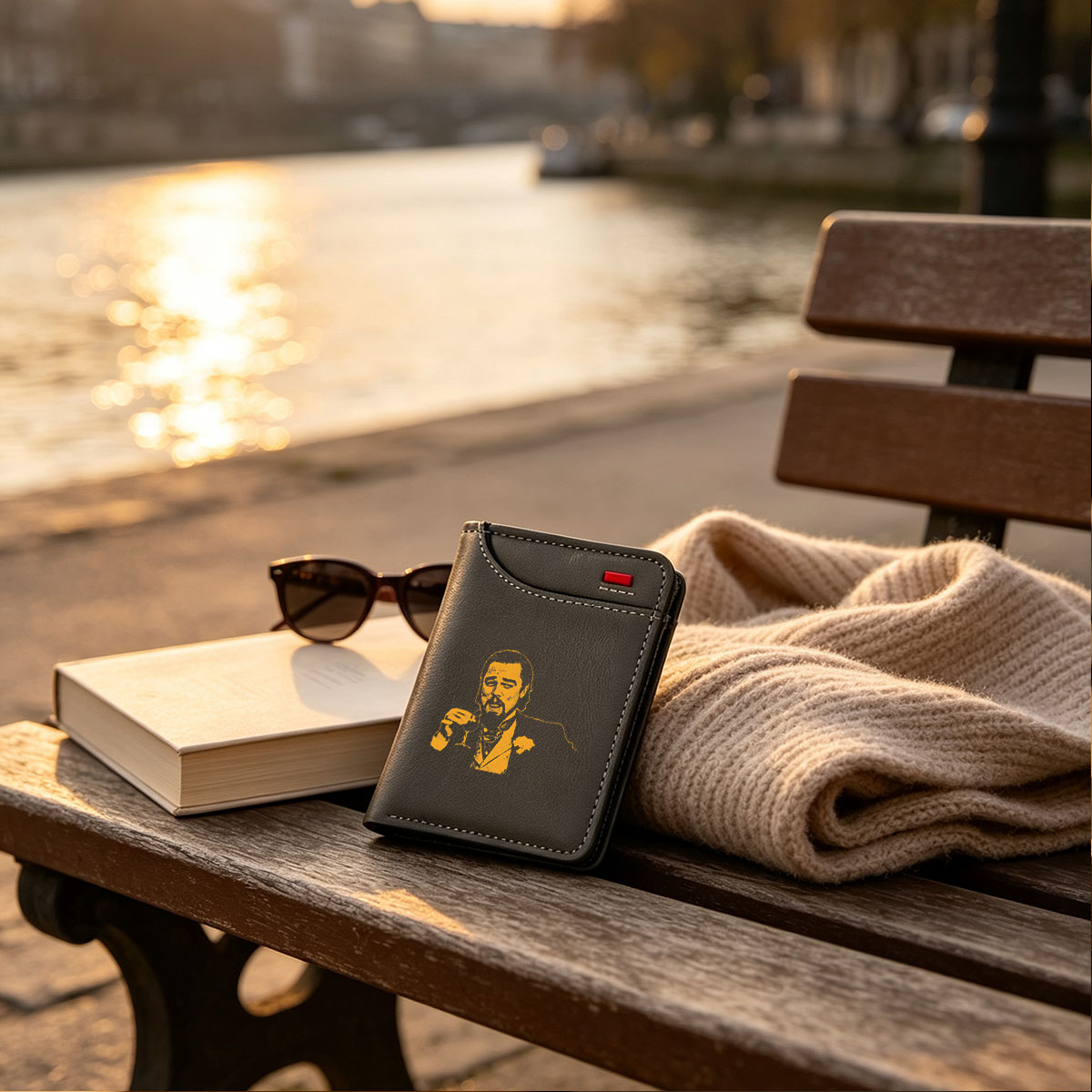 Liam Neeson as a suave gentleman holding a wine glass, stylized in bold yellow and black. - Vertical Style Wallet