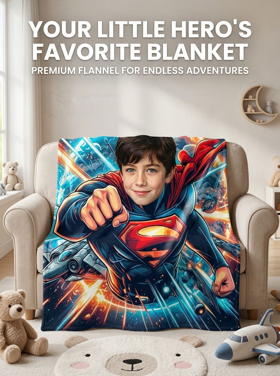 Custom Face Photo Superhero Flannel Fleece Blanket Personalized Comic Throw Cozy Bedding Gift for Kids and Adults