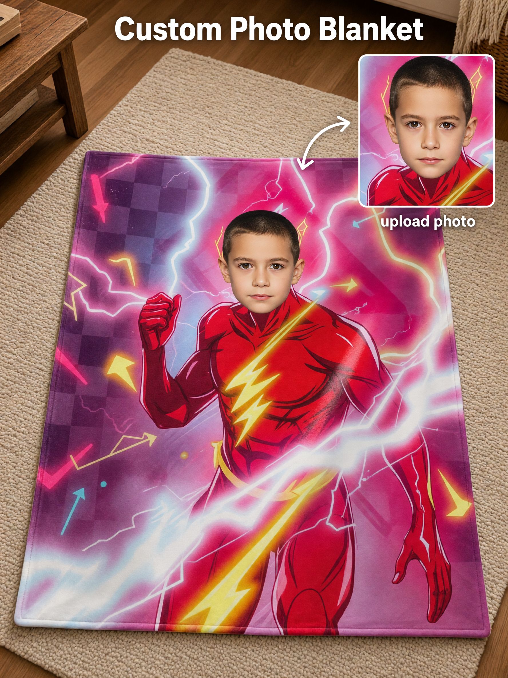 Custom Photo Face Superhero Flannel Blanket, Ultra Soft Anti-Pilling Cozy Fleece Throw for Kids and Adults, Ideal