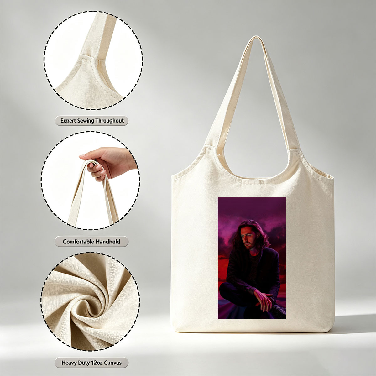 Hozier Sitting in a Dramatic Purple and Red Sky Scene - Canvas shoulder bags/