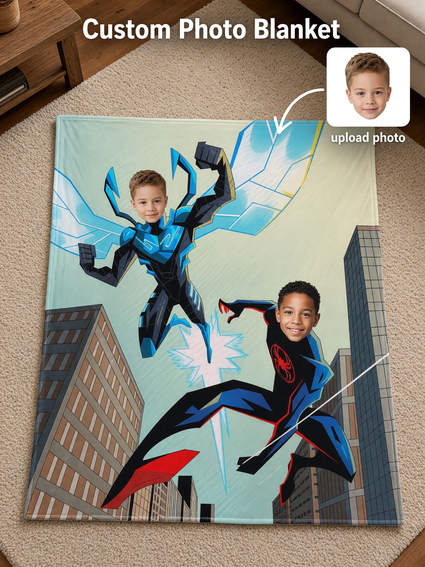 Custom Superhero Face Blanket Personalized Photo Flannel Throw Soft Warm Anti Pilling Bed Couch Blanket for Kids Gift