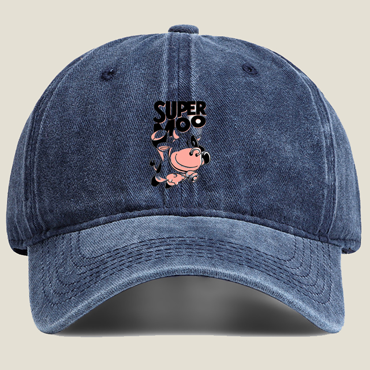 Super Moo Cow Character Design - Washed Denim - Baseball Cap