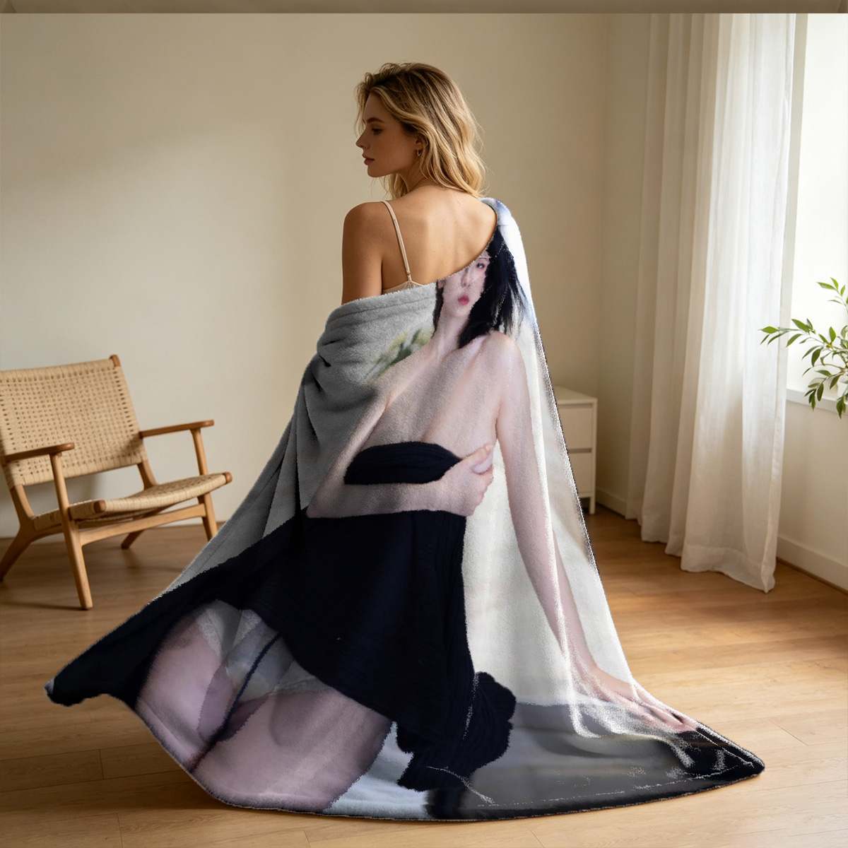 Pink Lingerie Seduction - Asian Beauty in Sheer Pink Wrap Sitting on Floor - Blanket