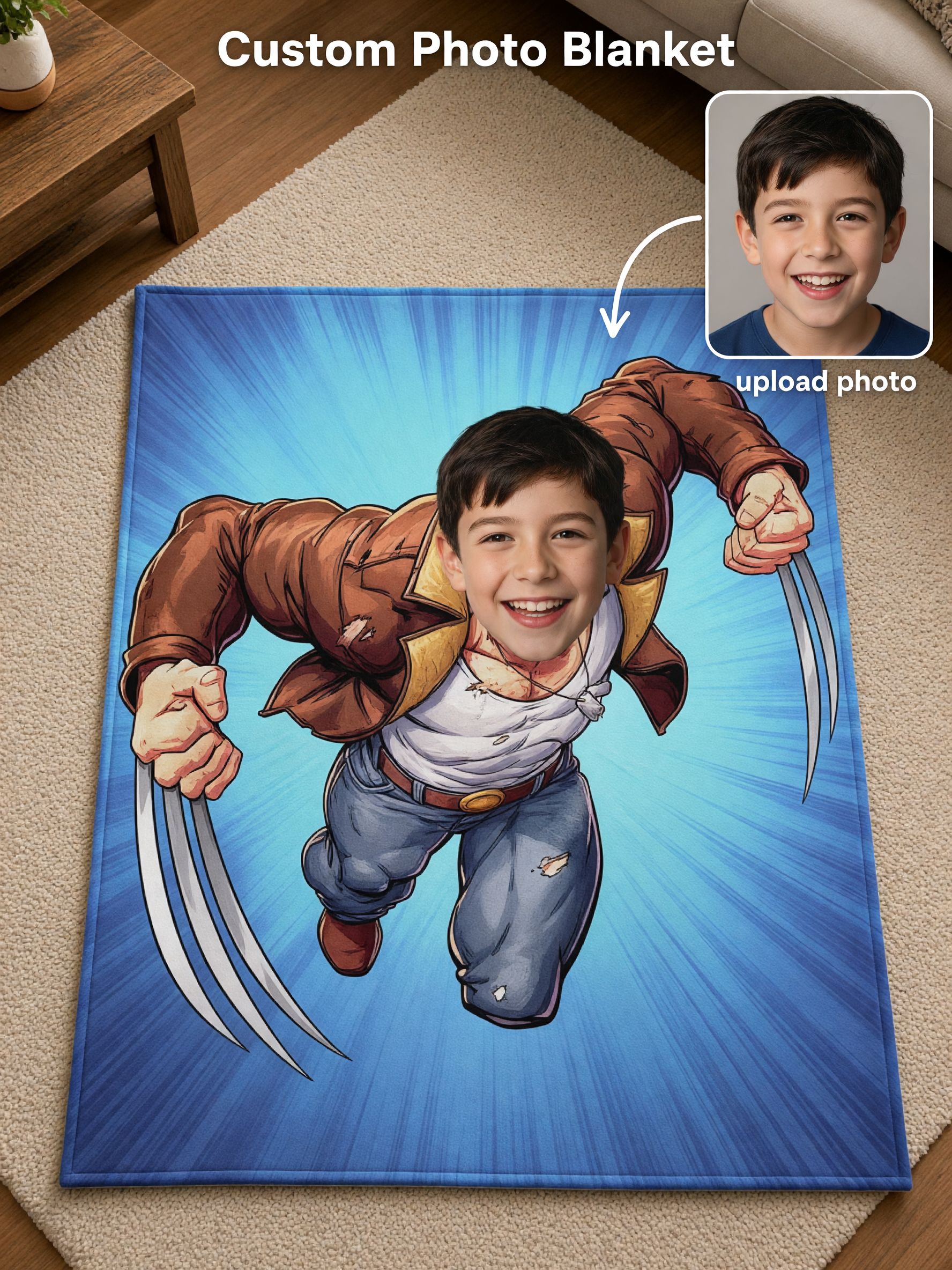 Personalized Face Superhero Comic Flannel Blanket Custom Photo Throw Ultra Soft Anti Pilling Fleece Cozy Gift for Kids