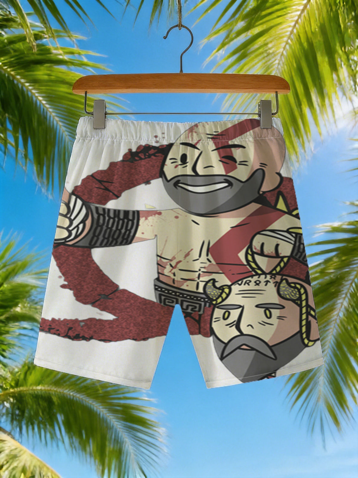 Kratos and Zeus in a stylized battle scene, Kratos giving a thumbs-up with Zeus's head at his feet -  Beach shorts