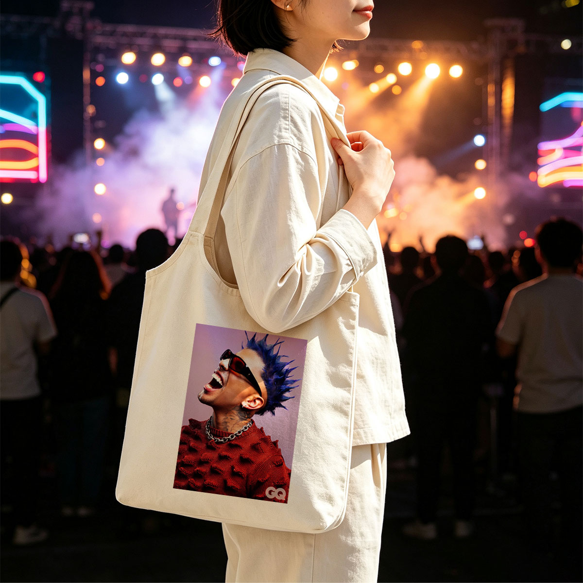 Daddy Yankee in a Bold Red Sweater with Spiky Blue Hair and Sunglasses, Laughing Loudly Against a Purple Background - Canvas shoulder bags/