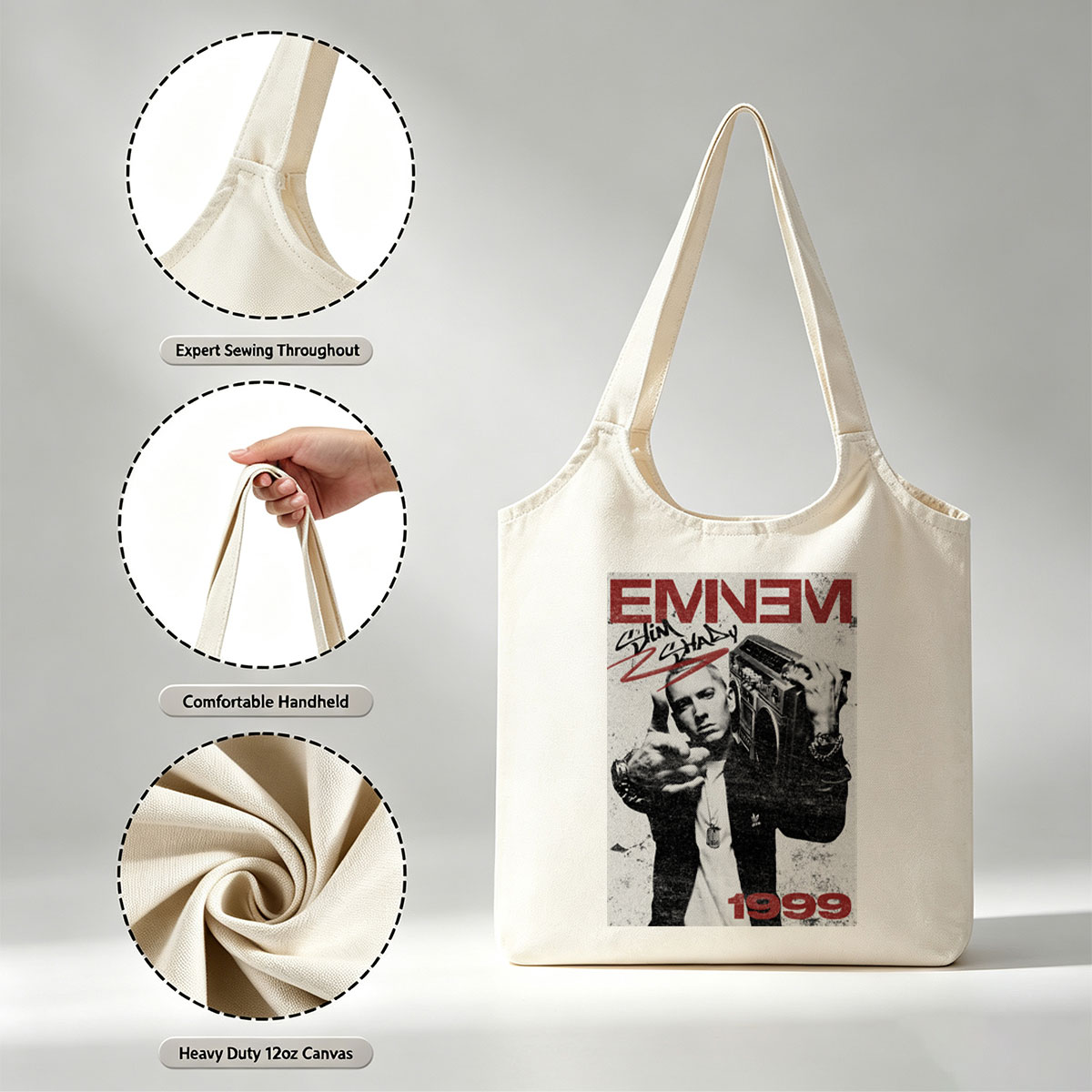 Eminem Holding Boombox Pointing at Camera 1999 Album Cover Art - Canvas shoulder bags/