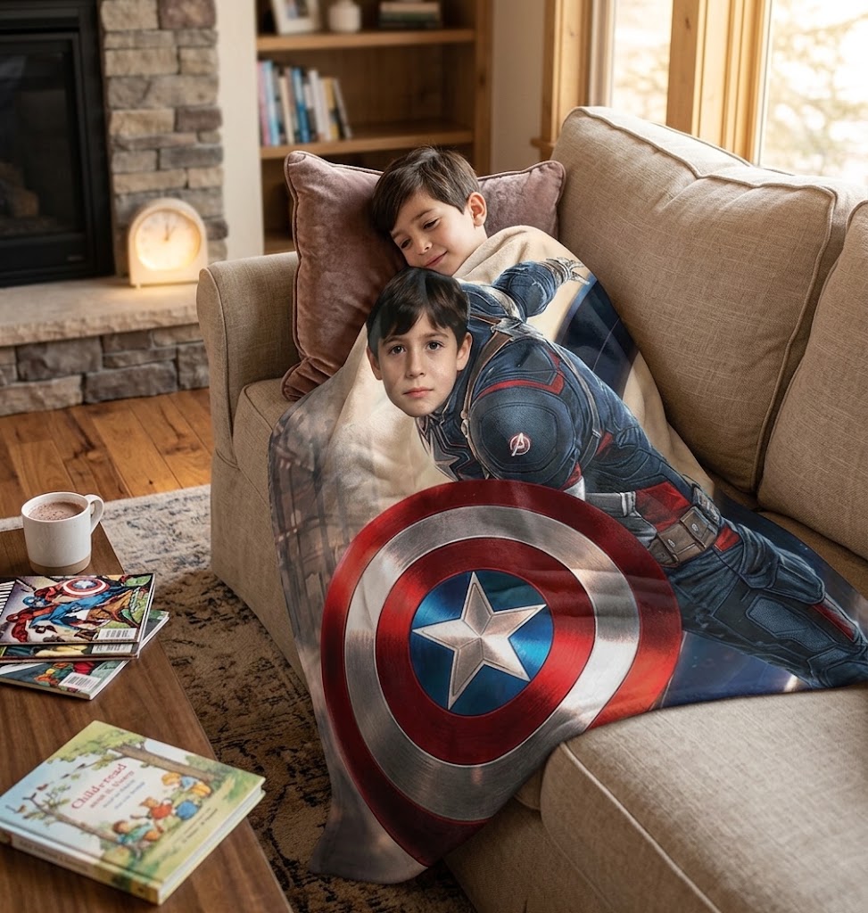 DIY Custom Face Captain America Blanket, Battle Fire Smoke Theme Upload Kid Photo Personalized Fleece Throw Blanket for Boys