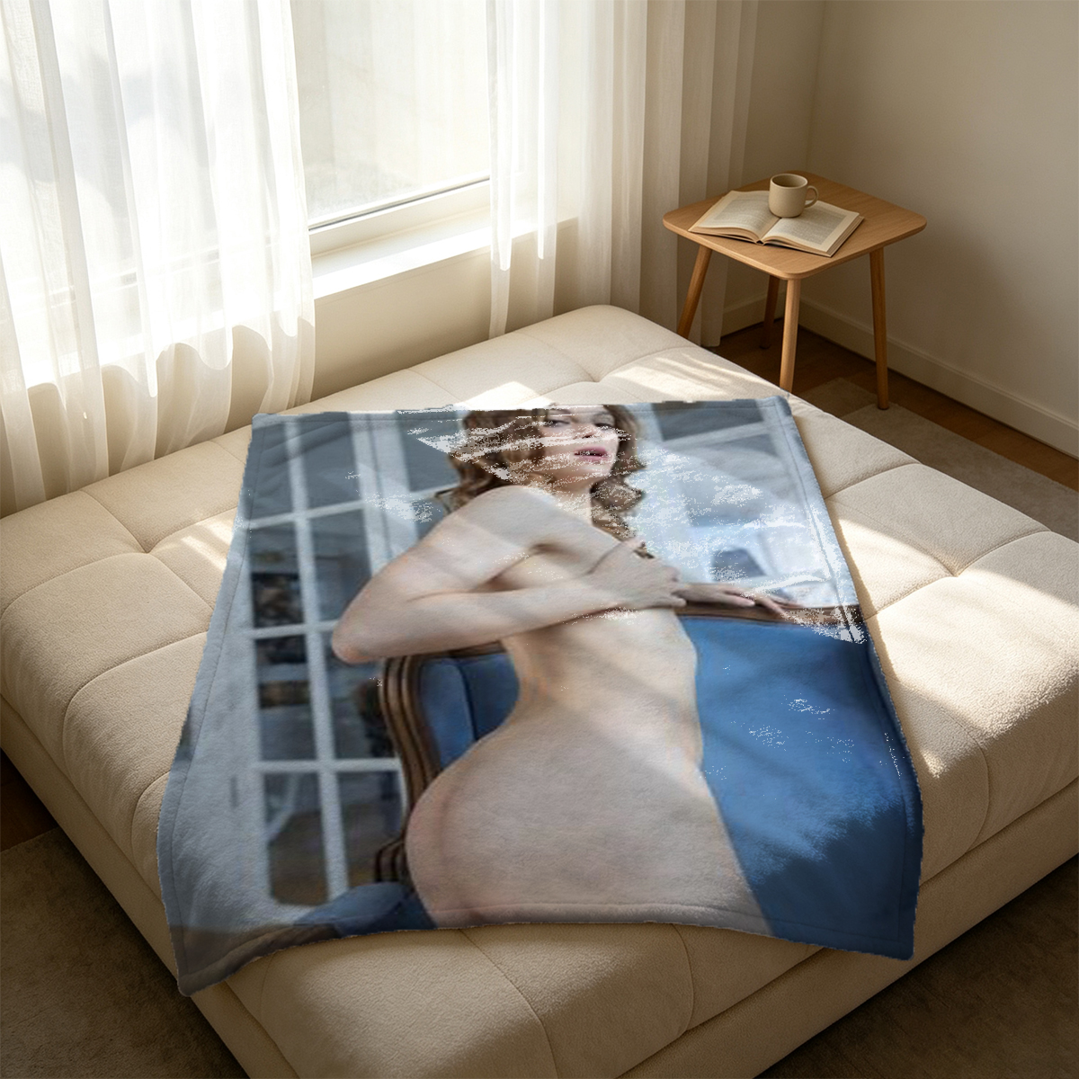 Nude woman in pulled-down denim shorts from behind. - Blanket