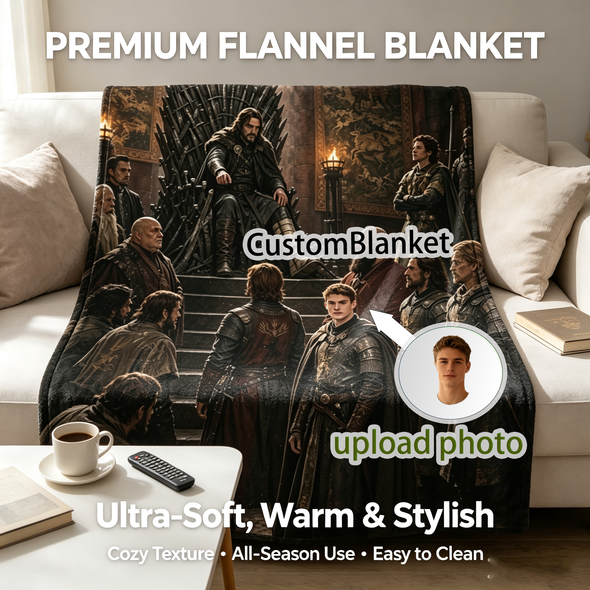 Custom Face Blanket Game of Thrones Iron Throne Scene Flannel Blanket Cozy Living Room Decor Gift for Fans