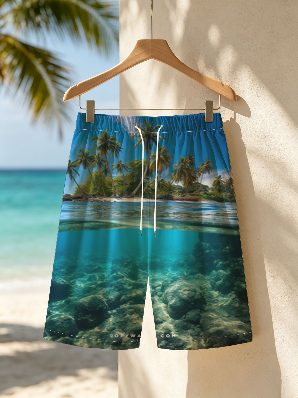 Tropical Island with Palm Trees and Crystal Clear Waters -  Beach shorts
