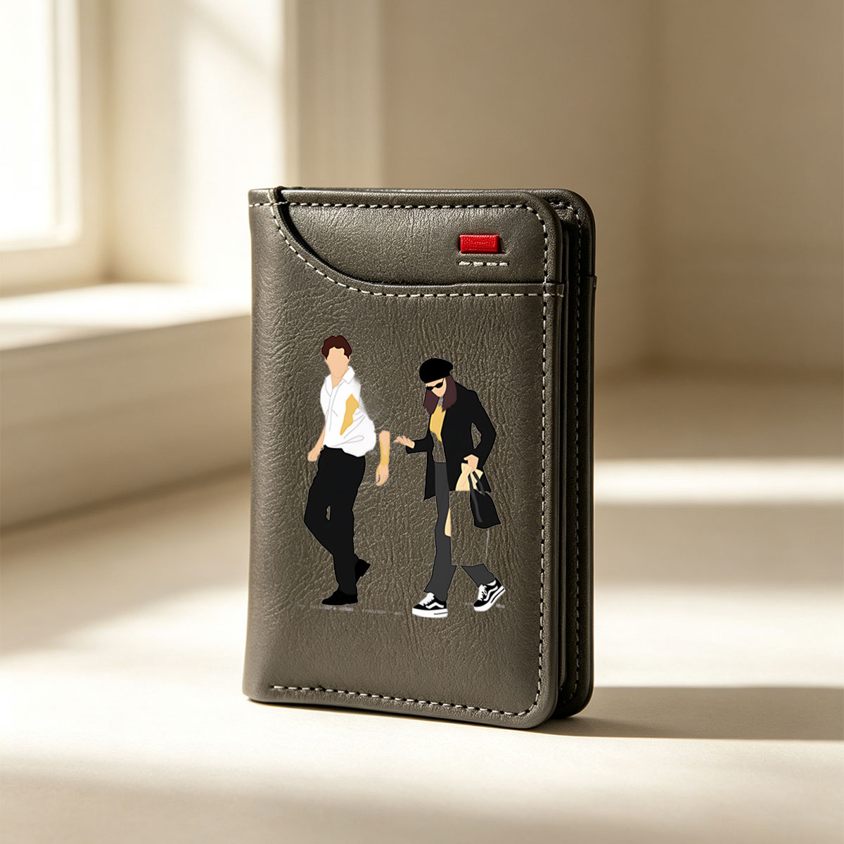 Fashion Duo in Urban Style: Man in White Shirt and Black Pants, Woman in Beret, Sunglasses, and Coat - Vertical Style Wallet