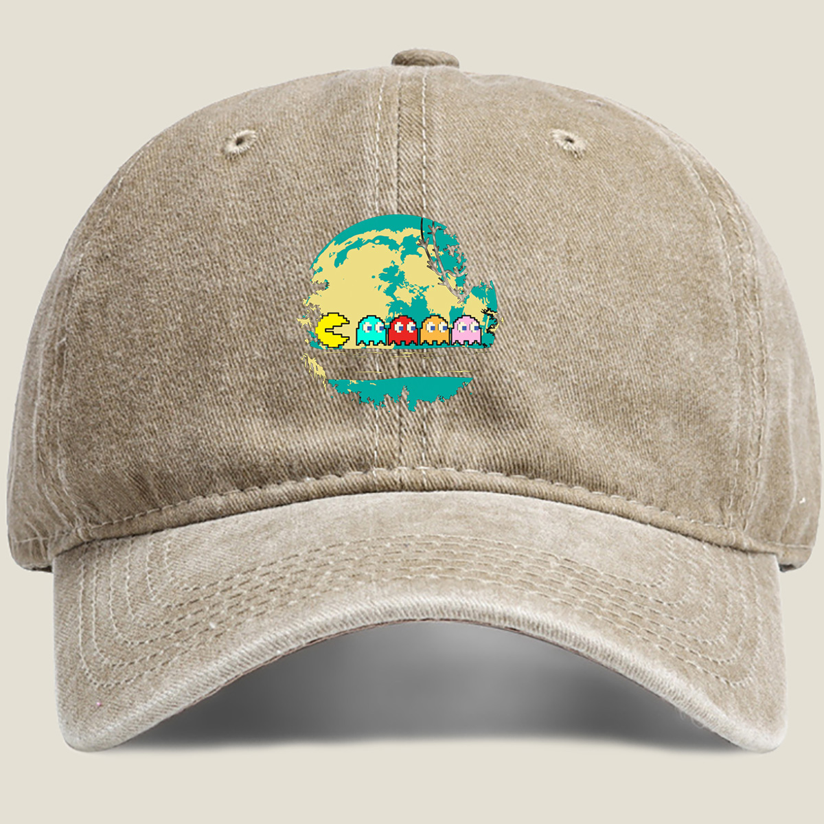 Pac-Man and Ghosts Under the Moon - Washed Denim - Baseball Cap