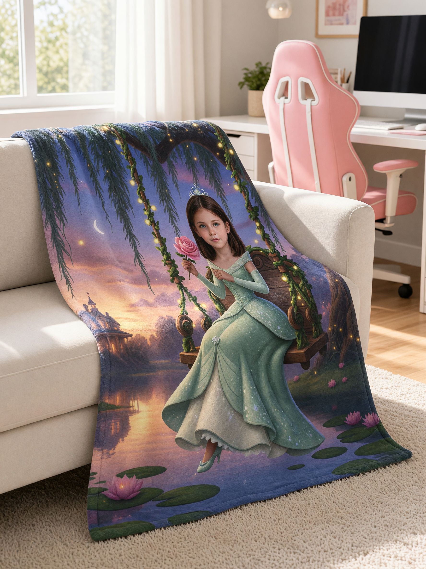 Personalized Photo Blanket Enchanted Princess Swing Design Soft Flannel Fleece Throw for Bed Couch Ideal Custom Gift