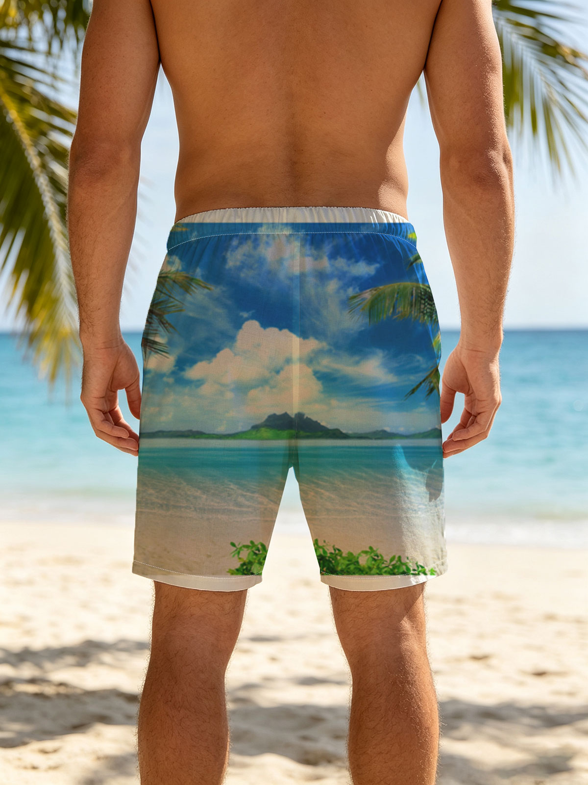 Tropical Beach with Crystal Clear Water and Lush Greenery -  Beach shorts
