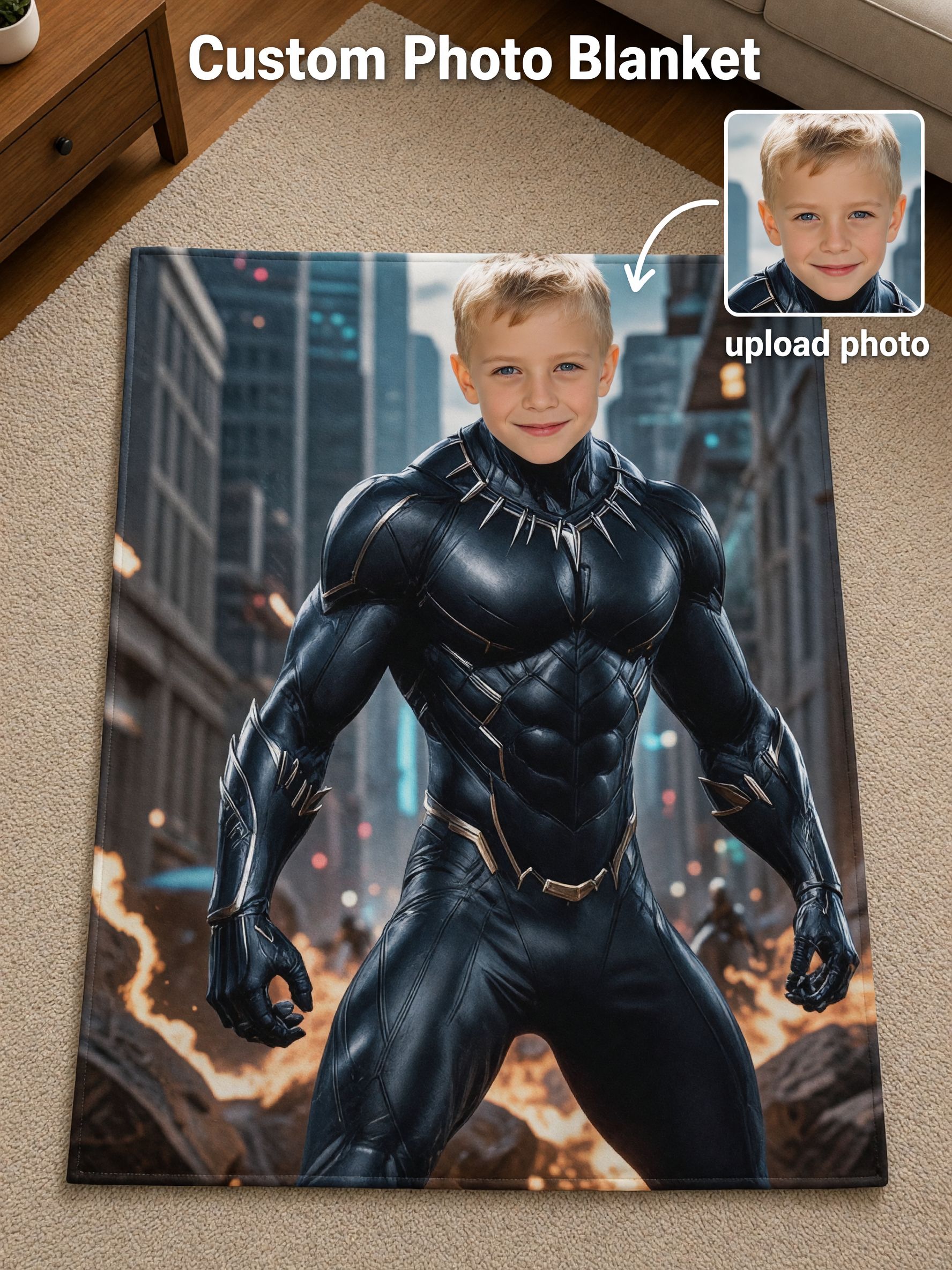 Custom Photo Face Superhero Flannel Blanket Ultra Soft Plush Personalized Throw Keepsake Gift for Kids and Family