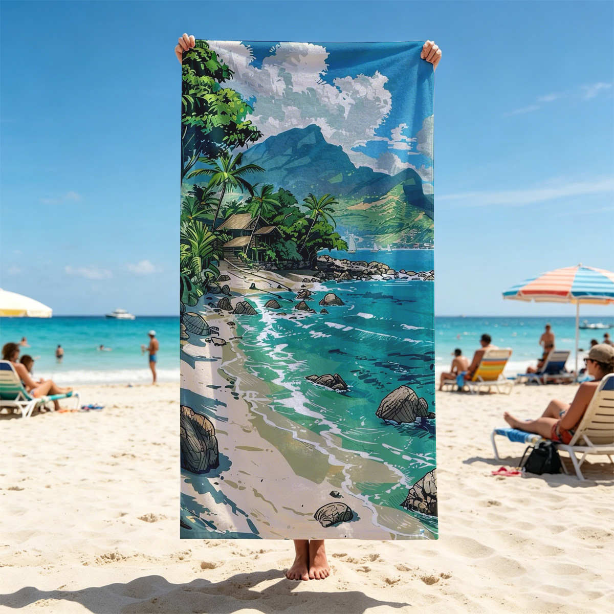 Tropical Beach with Lush Palm Trees and Crystal Clear Waters - Beach towels