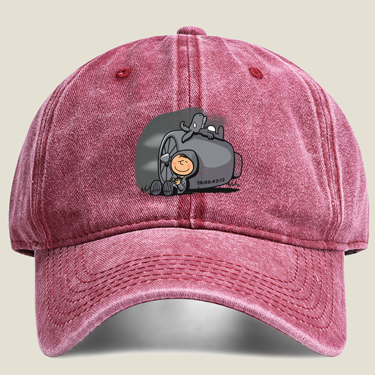 Cute Cartoon Boy with Time Machine and Octopus - Washed Denim - Baseball Cap