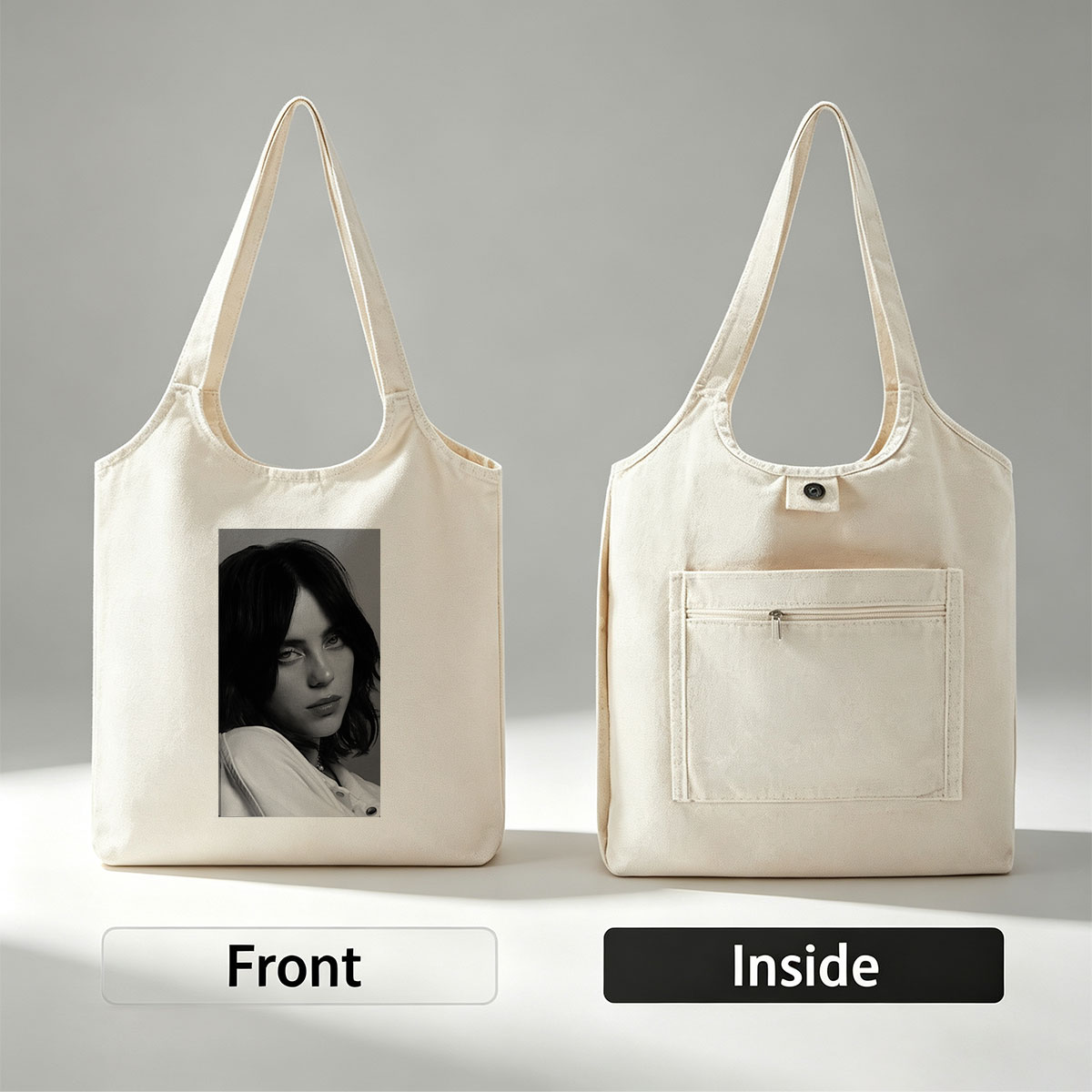 Billie Eilish in a Monochrome Portrait Wearing a White Shirt with a Delicate Necklace - Canvas shoulder bags/