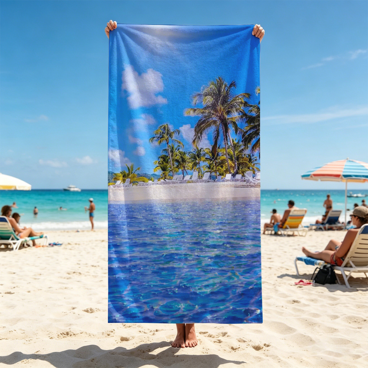Sunny beach with palm trees and clear blue water - Beach towels