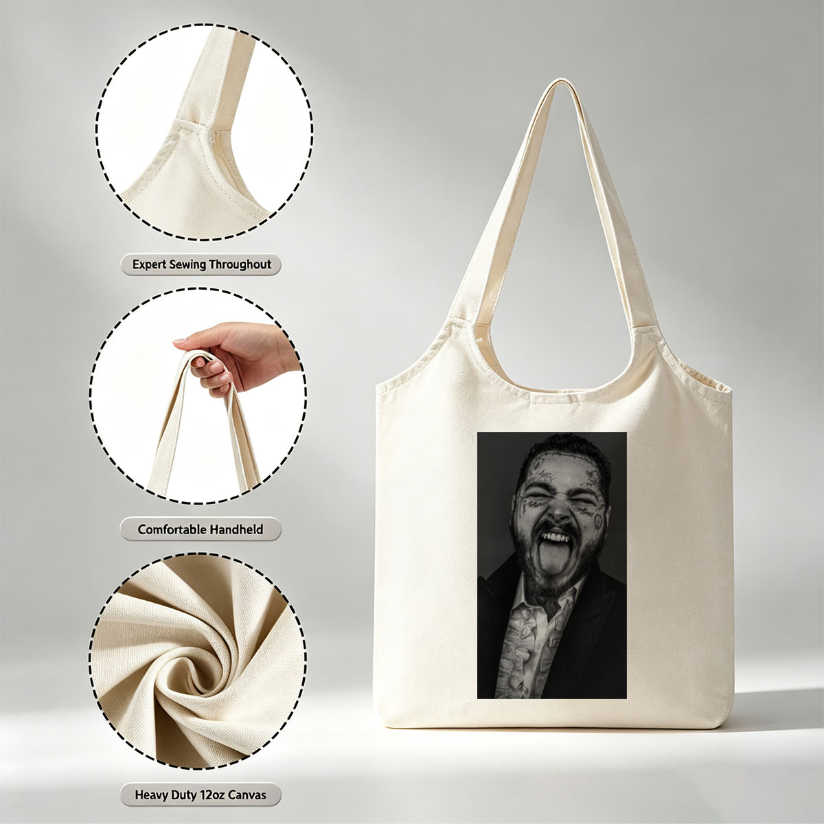 Post Malone Screaming in Black and White Portrait with Facial Tattoos and Suit - Canvas shoulder bags/