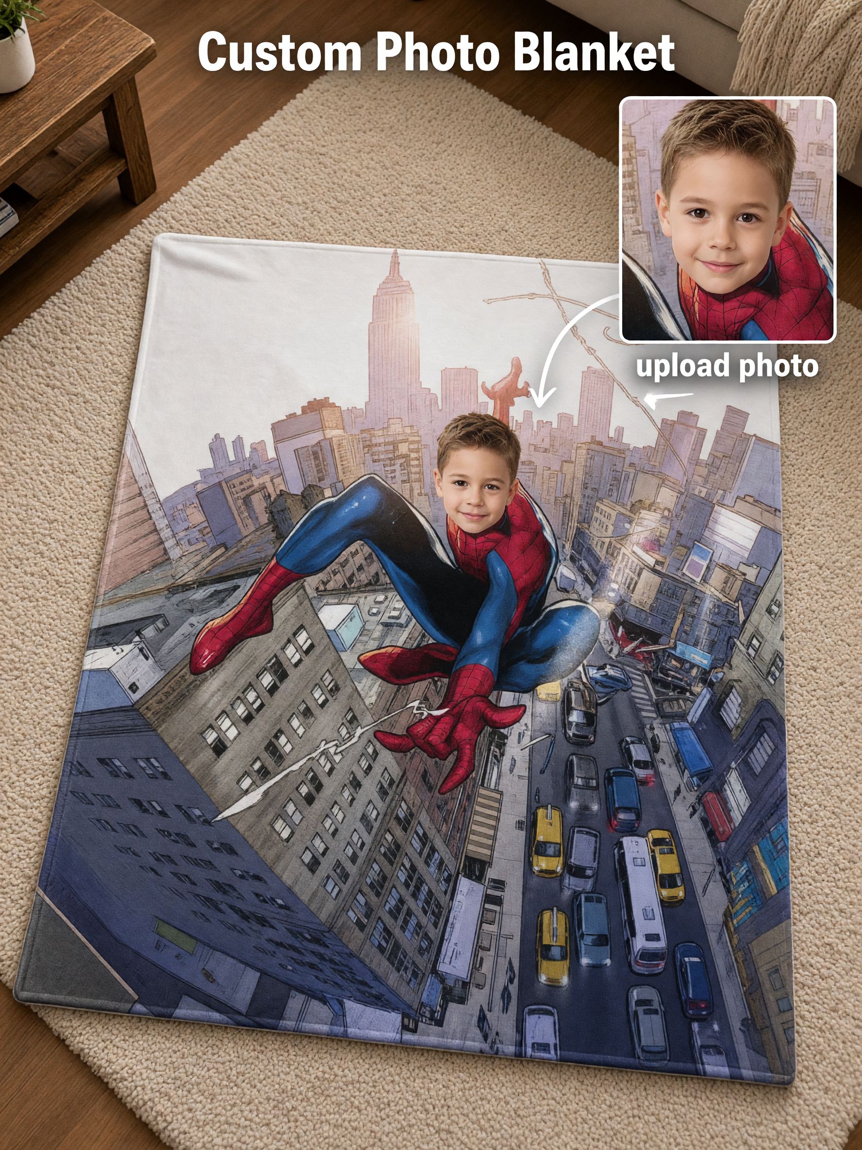 Personalized Superhero Face Photo Blanket, Custom Flannel Fleece Throw for Kids, Cozy Keepsake Birthday Gift