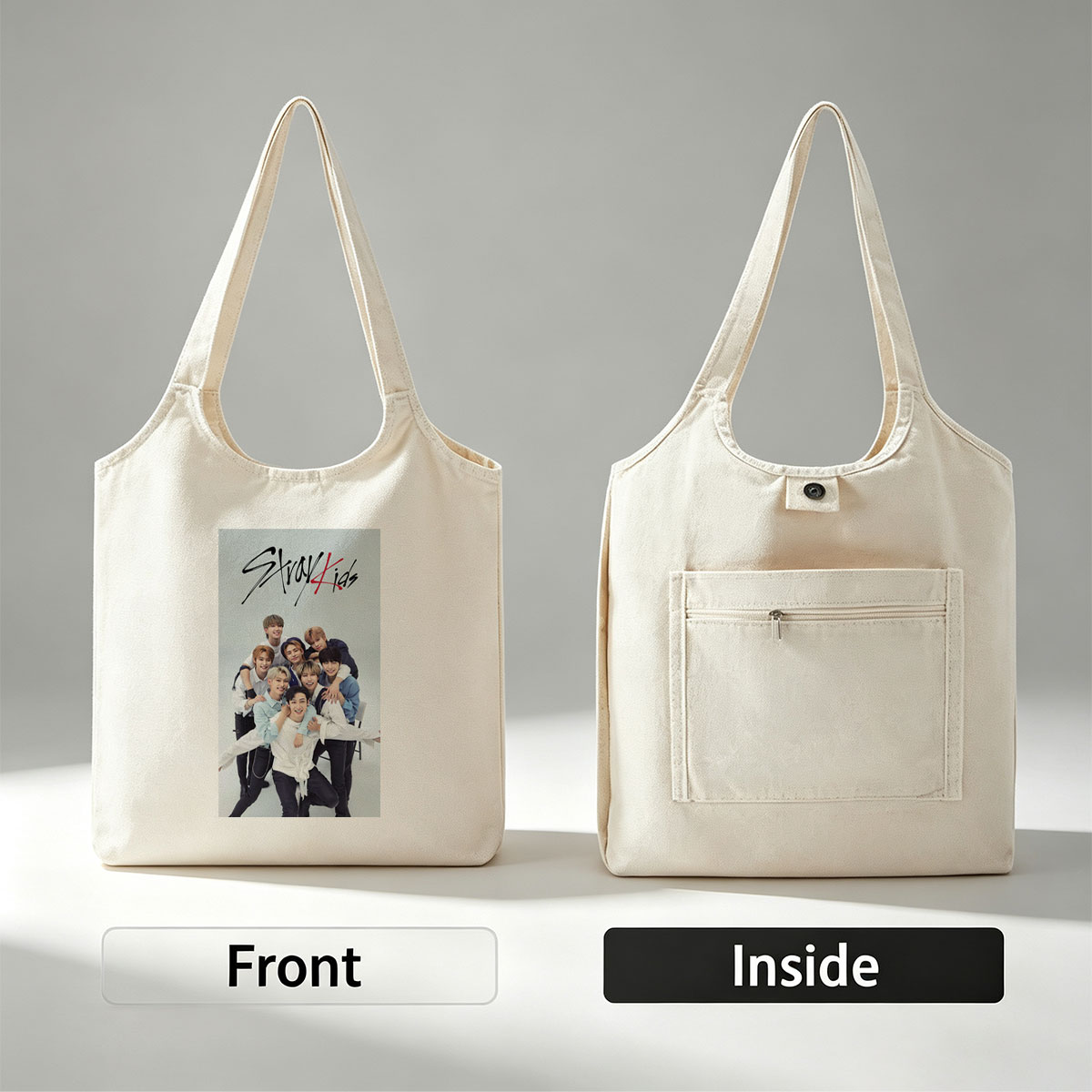 Stray Kids Group Photo - Members Posing Together in Casual Outfits on a Light Background - Canvas shoulder bags/
