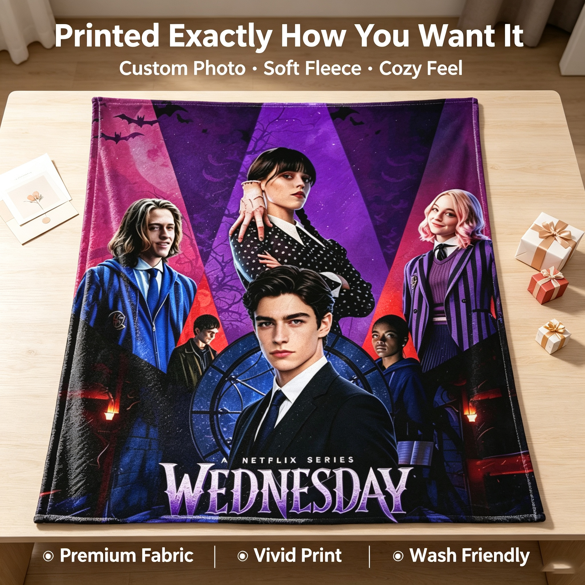 Custom Face Blanket Wednesday Addams Flannel Blanket Halloween Gift for Fans of Netflix Series Wednesday Cozy Throw Blanket Perfect for Movie Night or Birthday Present