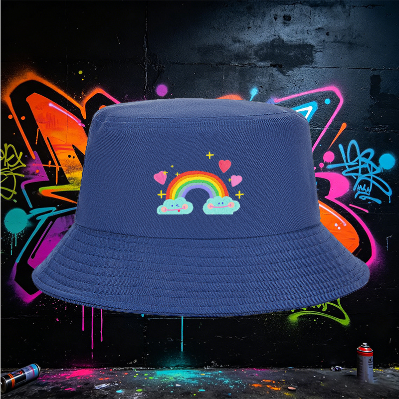 Unisex Rainbow Cloud Print Bucket Hat with Heart and Star Design - Classic Cotton Fisherman Hat for Outdoor Activities, Travel, Beach, and Daily Wear - Perfect for Youth, Teens, and Adults Seeking Fun and Stylish Sun Protection