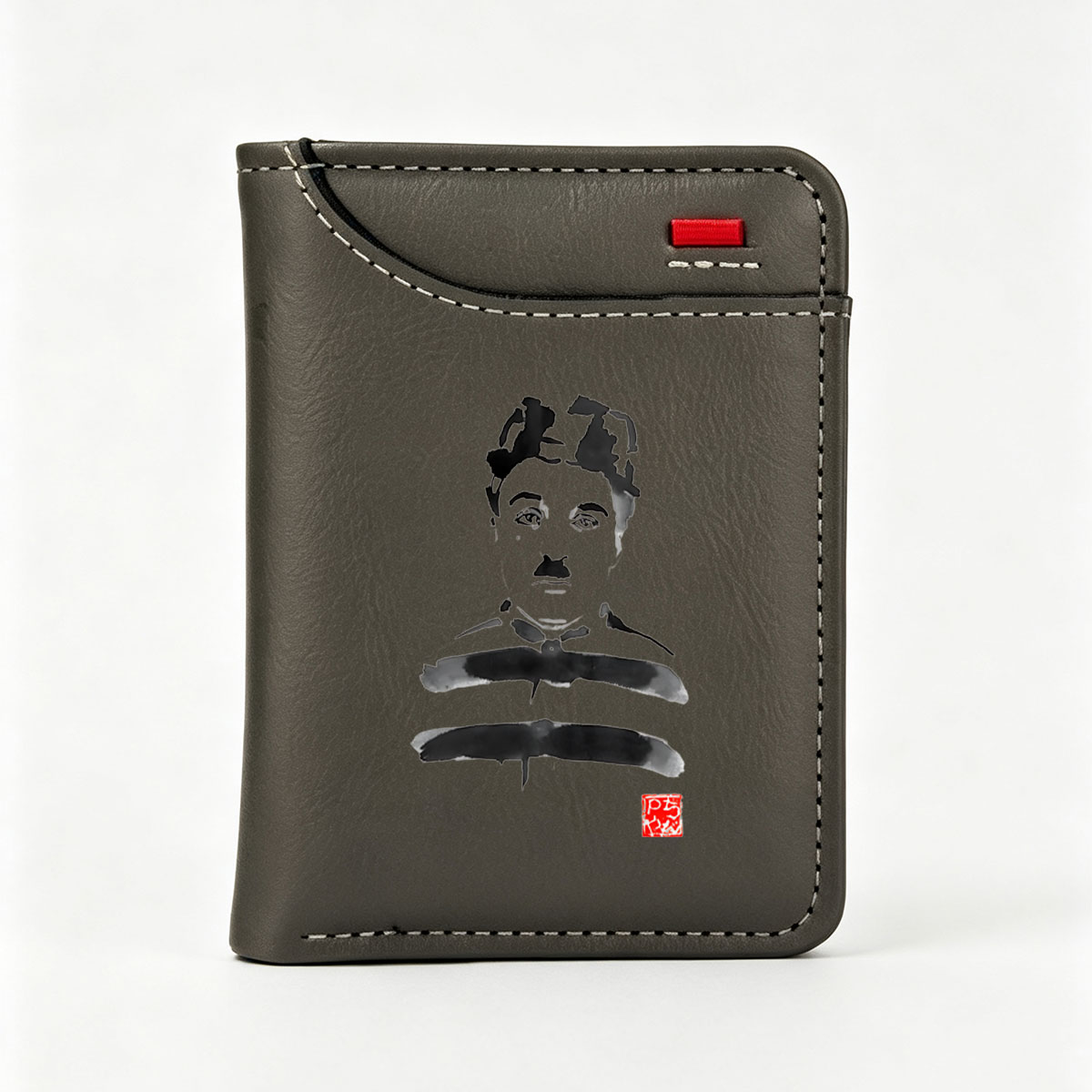 Abstract Ink Portrait of a Figure with Traditional Attire and Red Seal - Vertical Style Wallet