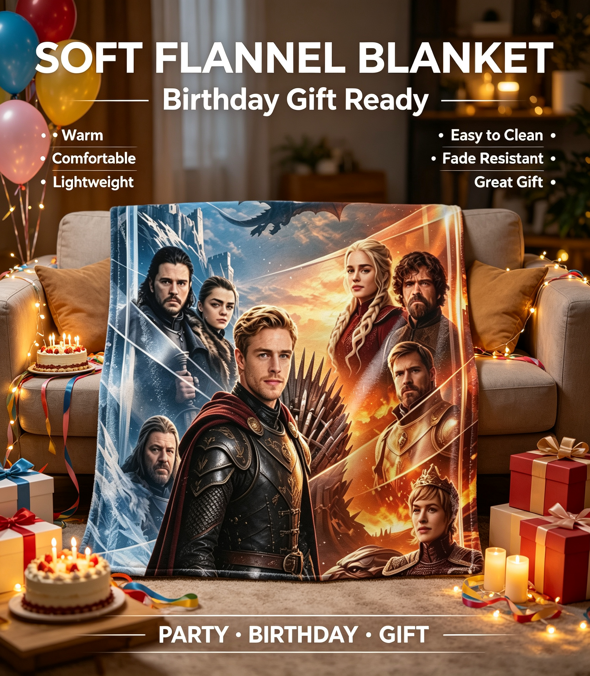 Custom Face Blanket Game of Thrones Characters Flannel Blanket Cozy Living Room Bedding Gift for Fans and Collectors