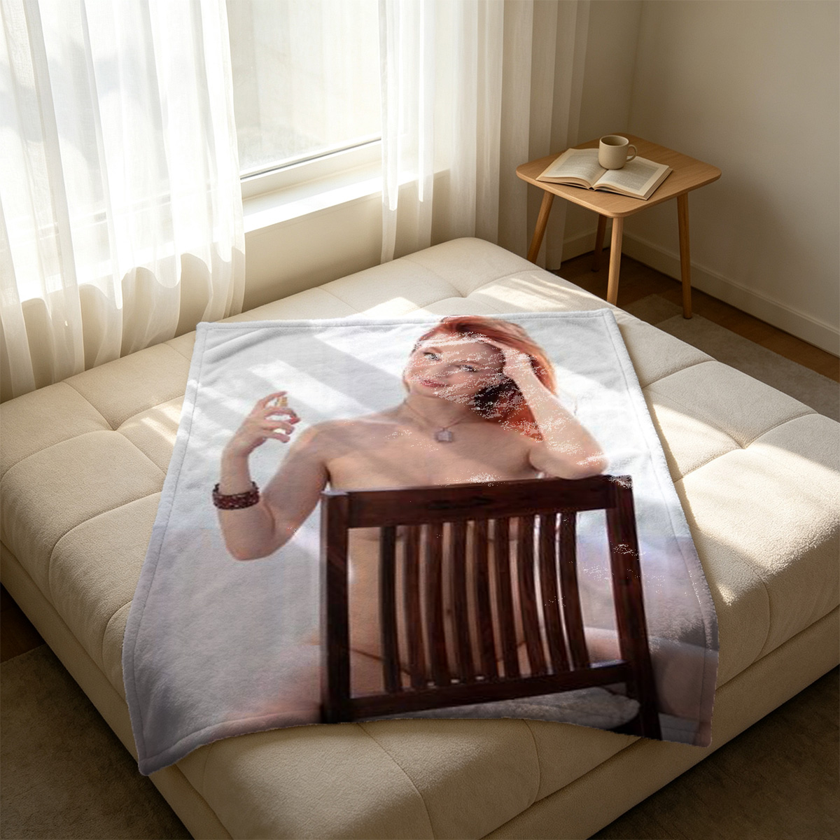 Nude woman with eyes closed and head tilted back in ecstasy. - Blanket