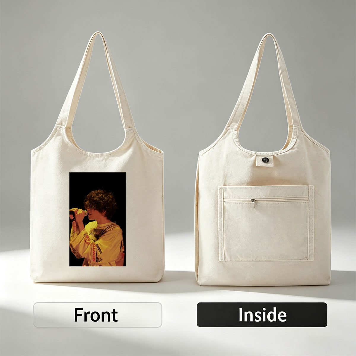 Harry Styles Singing on Stage in a Yellow Outfit with Microphone - Canvas shoulder bags/