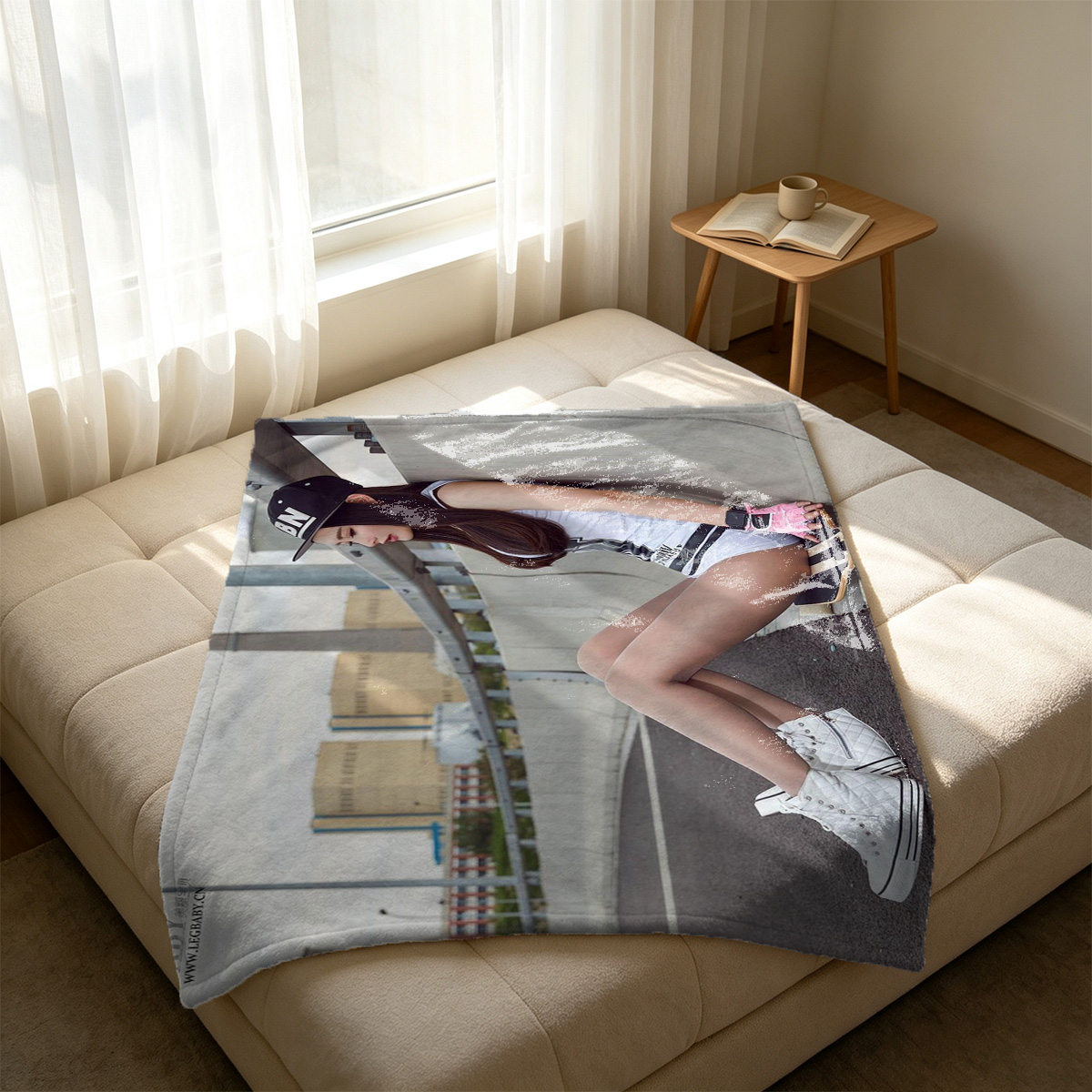 Mirei Aika in Black Lace Lingerie on Velvet Couch - Blanket