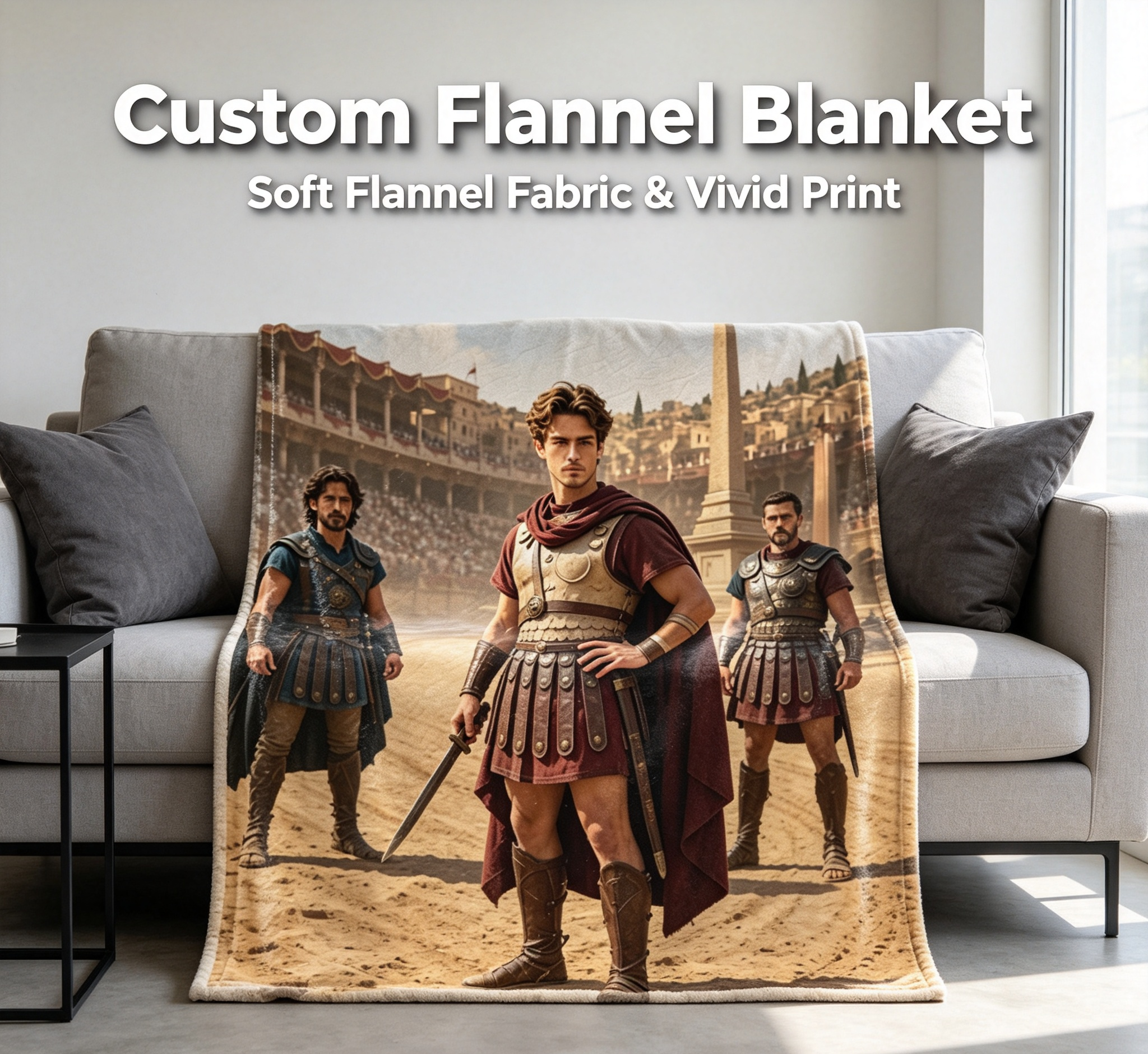 Custom Face Blanket Roman Gladiator Arena Warrior Flannel Blanket for Couch or Bed Cozy Gift for History Fans and Ancient Rome Enthusiasts