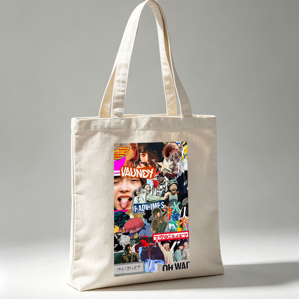 RADWIMPS Collage Featuring Band Members and Vibrant Pop Culture Imagery - Canvas tote bags