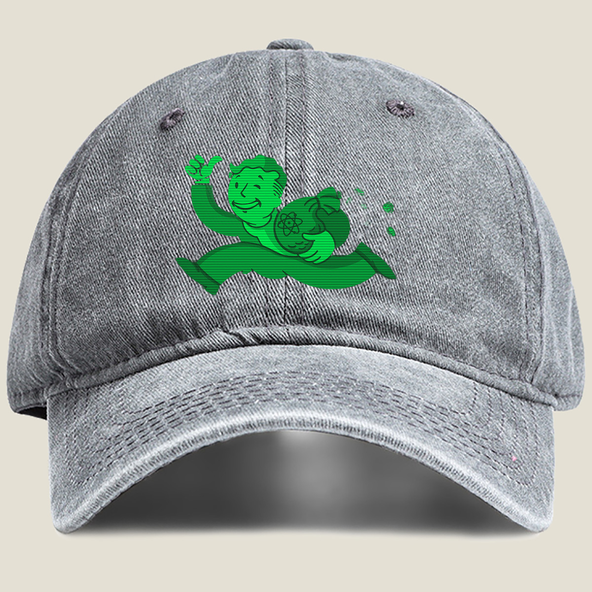 Vault Boy from Fallout Running with a Bag of Atoms - Washed Denim - Baseball Cap