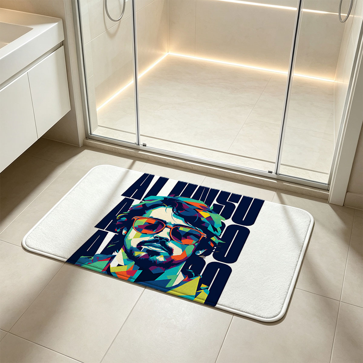 Alonso: Colorful Pop Art Portrait of a Man with Sunglasses - Flannel floor mat